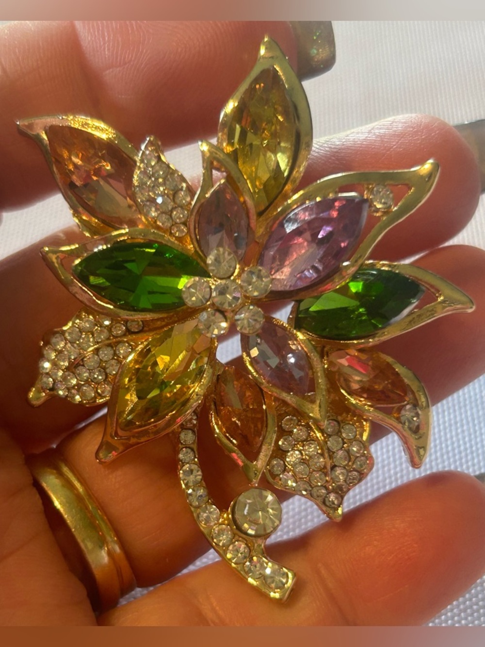 Gold-Tone Multicolor Crystal Flower Brooch - Green, Pink & Yellow